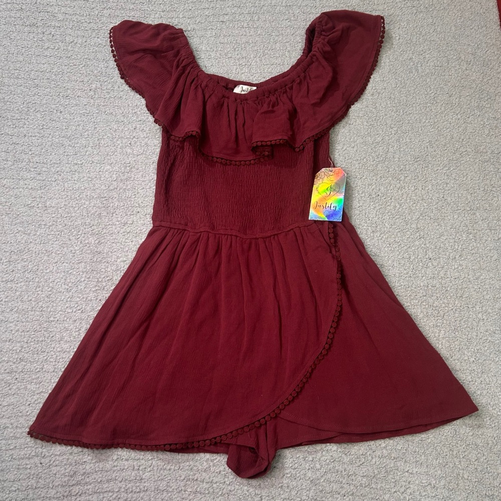 Justily Romper Off Shoulder Smocked Skort M Burgundy Boho Cottagecore Summer